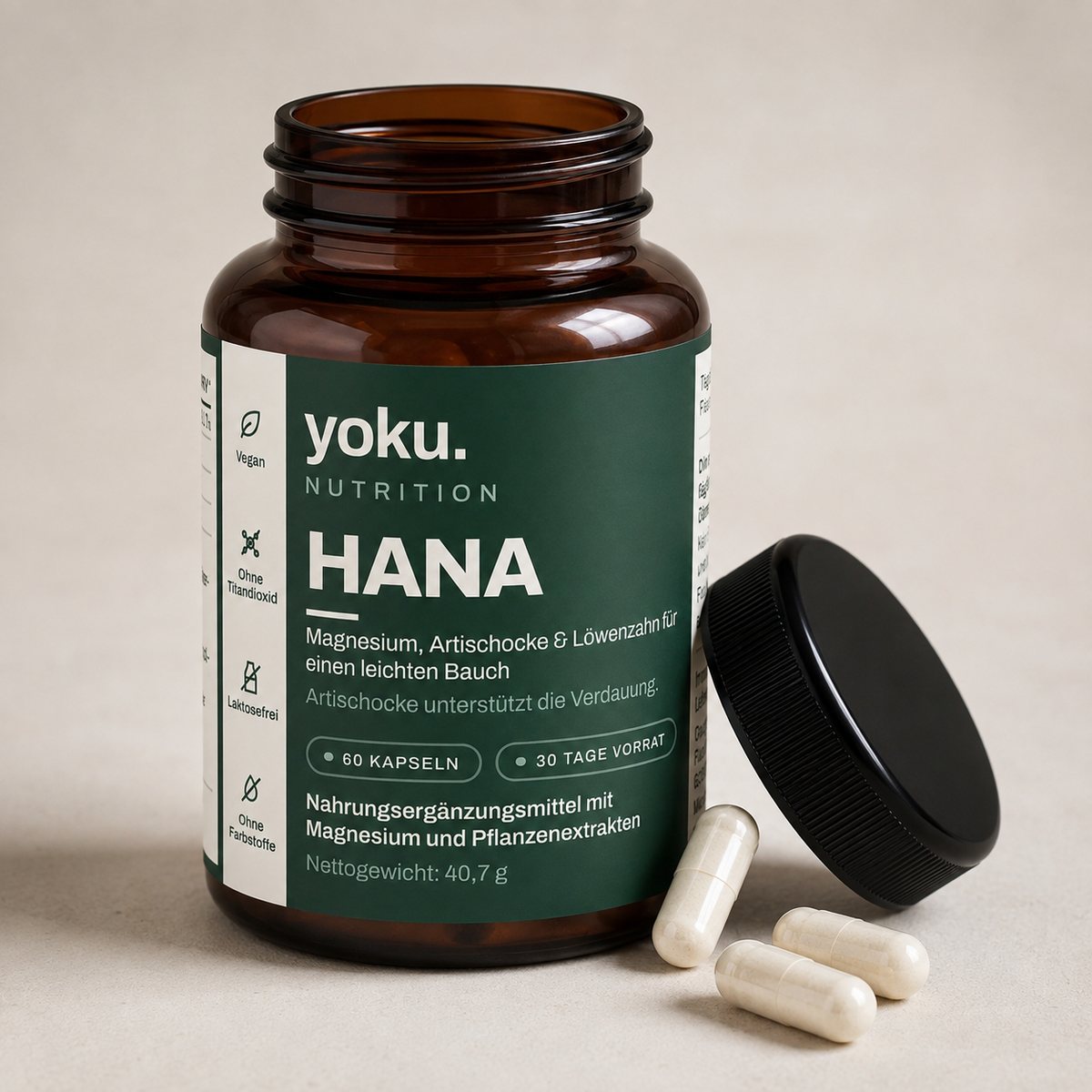 Geöffnete Dose HANA mit Kapseln